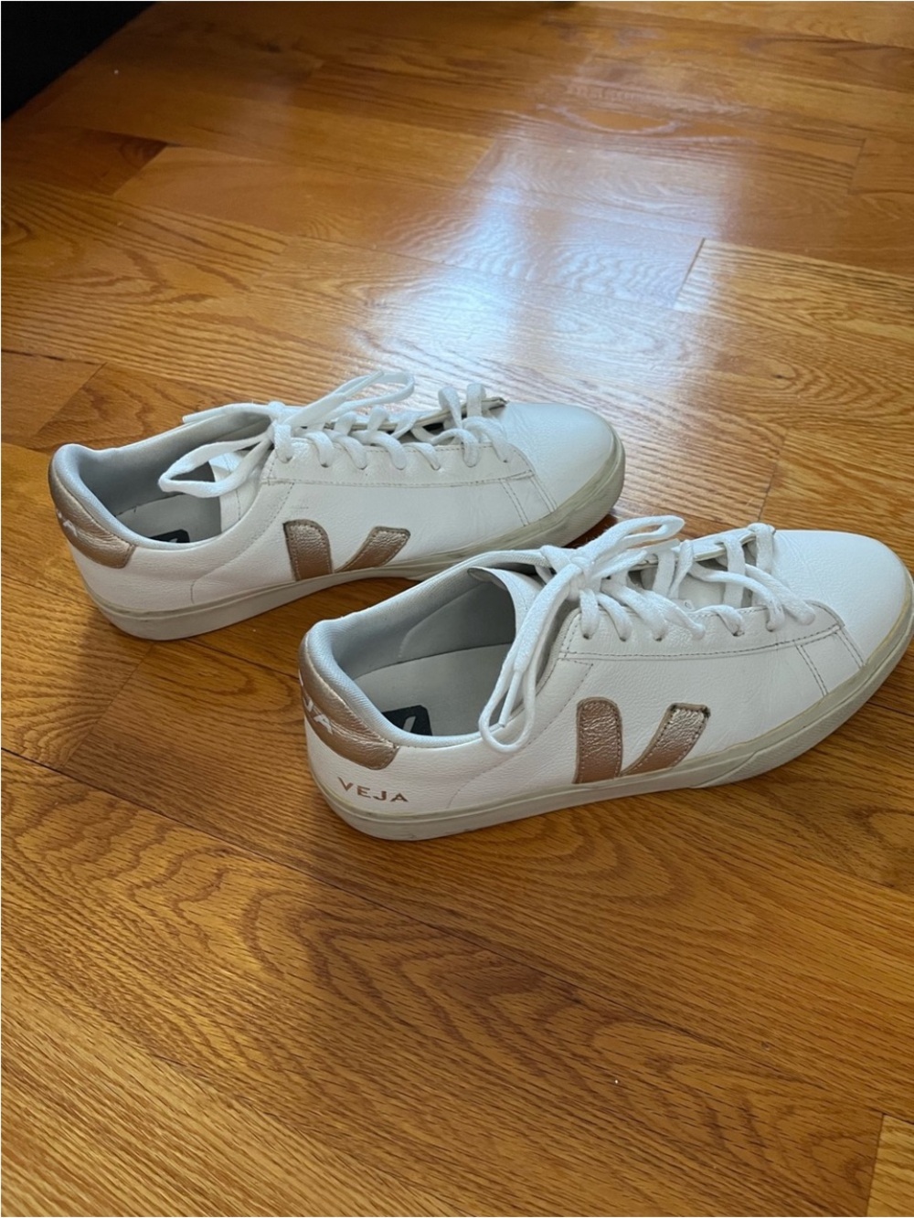 Veja White Leather Sneakers with Metallic Rose Accents